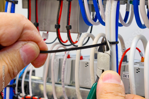 Cutting the cable tie on the insulated mounting wire in the electrical panel.