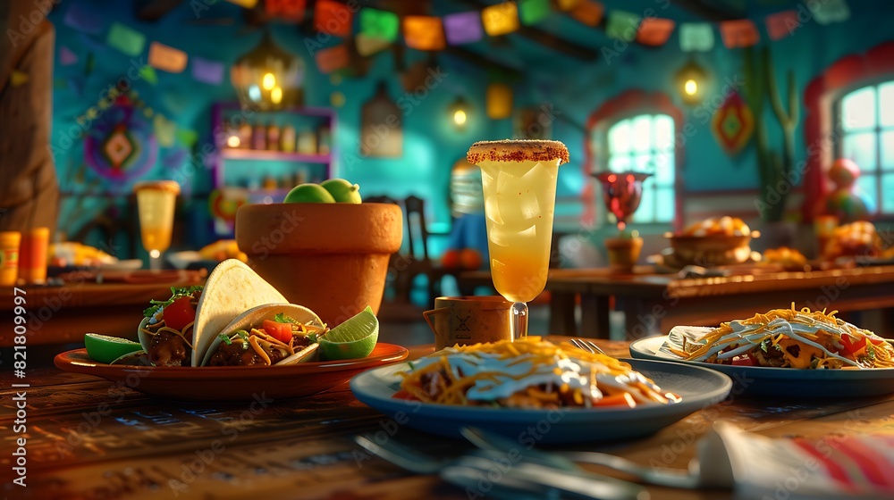 An inviting scene in a Mexican eatery with vibrant plates of enchiladas, burritos, and colorful margaritas on a wooden table, accented by festive