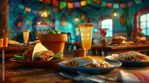 An inviting scene in a Mexican eatery with vibrant plates of enchiladas  burritos  and colorful margaritas on a wooden table  accented by festive