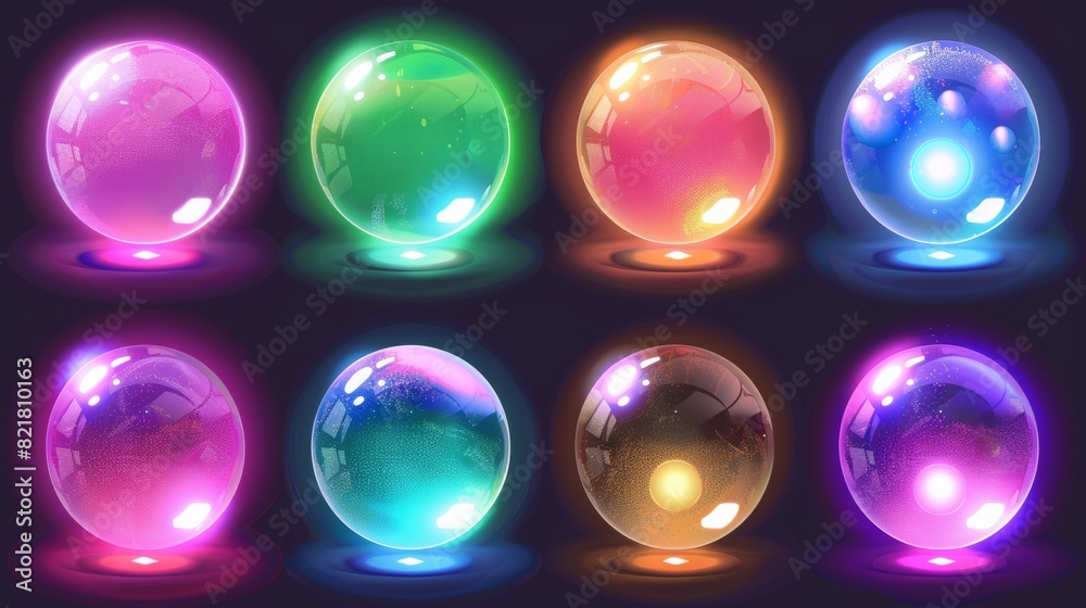 Orbs with glowing neon effect. Cartoon modern illustration of fantasy spheres with inner power. Magician balls with power to predict future or cast spells. Orbs with glowing neon effect. Cartoon modern illustration of fantasy spheres with inner power. Magician balls with power to predict future or cast spells.