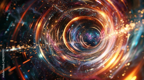 Abstract vortex of vibrant lights and colors, representing a futuristic and dynamic cosmic tunnel with a galactic backdrop.