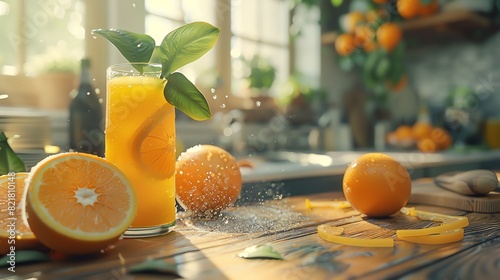 orange juice in a glass on a wooden table photo