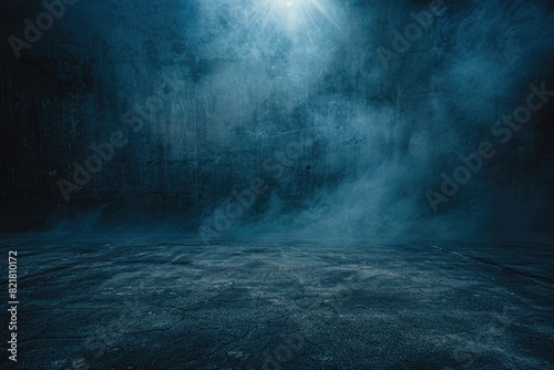 A dark room with a blue background and a white smoke. The room is empty and the smoke is coming from the ceiling