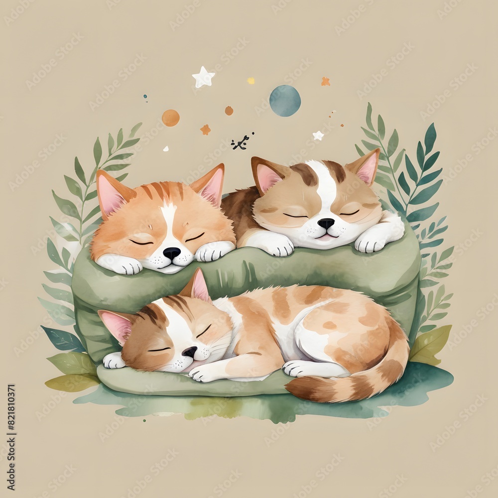 Fototapeta premium there are two cats sleeping on a pillow with leaves and stars