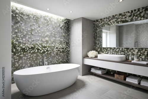 Modern White And Grey Bathroom Design With Floral Wall Design