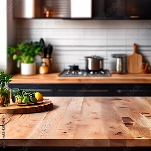  Enlarged Wood Tabletop Over Defocused Kitchen Background Trendy Stylish Desk Space for Product Presentation