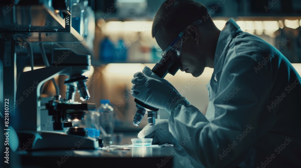 The scientist looks under a microscope at a Petri dish sample. Doctors do biotechnology and medicine research at a pharmaceutical lab. Evening work. The scientist looks under a microscope at a Petri dish sample. Doctors do biotechnology and medicine research at a pharmaceutical lab. Evening work.