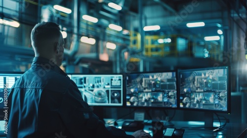 Portrait Shot of a Security Operator Controlling the Proper Functioning of a Workshop Production Line, Using the Computer to View Surveillance Feed. High-Tech Security View.