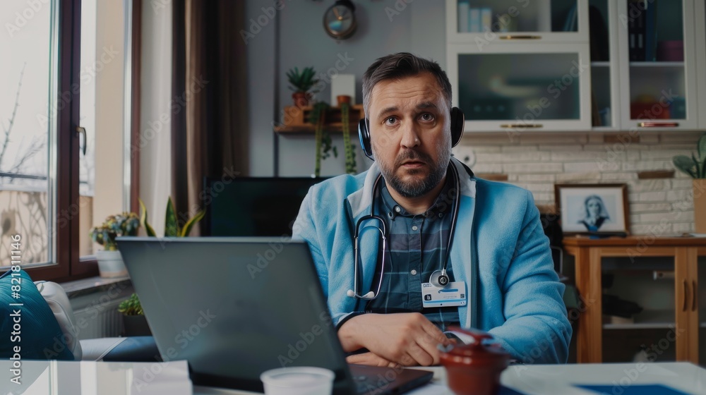 A handsome Caucasian man working from home and having a video call with a male doctor while seated behind a desk in his living room. Freelance Working From Home and Having a Video Call with a Doctor A handsome Caucasian man working from home and having a video call with a male doctor while seated behind a desk in his living room. Freelance Working From Home and Having a Video Call with a Doctor