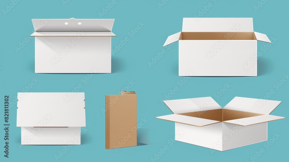 Mockup of white closed and open cardboard boxes. Set of realistic modern illustrations for your delivery or gift concepts. Mockup of white closed and open cardboard boxes. Set of realistic modern illustrations for your delivery or gift concepts.