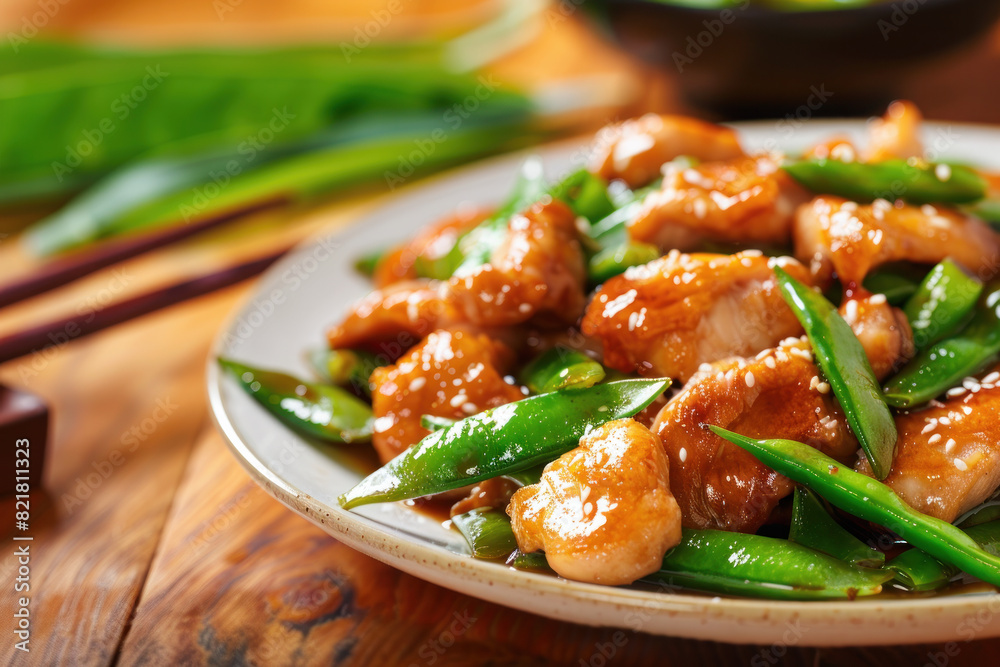 Stir-Fried Chicken with Snow Peas in a Savory Sauce on a Ceramic Plate Stir-Fried Chicken with Snow Peas in a Savory Sauce on a Ceramic Plate
