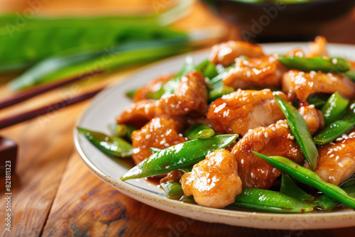 Stir-Fried Chicken with Snow Peas in a Savory Sauce on a Ceramic Plate