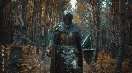 A lone Medieval Warrior strolls through the forest. A last survivor Crusader, soldier, knight wearing body armour, helmet, shield, and sword traverses the mysterious land he invaded to colonize.