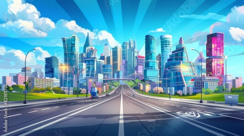 City with modern skyscrapers and highway perspective. Modern cartoon illustration of bright street lights and grassy lawns  high-rise office and housing buildings  blue sky and white clouds.