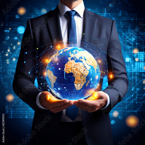 Businessman with global network for digital marketing and business growth, highlighting tech-driven creative solutions