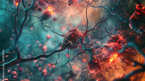 Closeup view of neurons and synapses