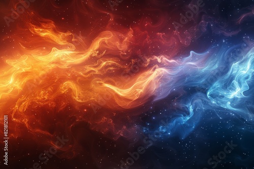 Abstract colorful background. Fiery reds and cool blues combine to form an intense and visually stunning abstract background reminiscent of a blazing sunset against a tranquil ocean horizon.