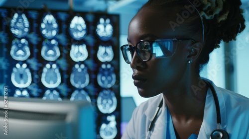 Black Female Neuroscientist Analysing MRI Images on Computer in Medical Facility Research Lab. Neurologist Analyzing CT Scan for Patients. Arc Portrait.