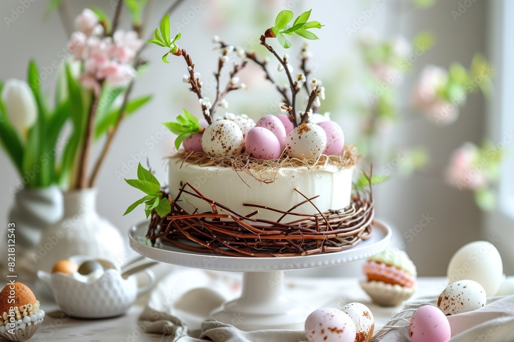 Fototapeta premium Easter cake decorated with willow branches, happy Easter holiday