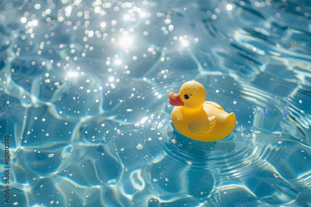 Yellow rubber duck floating in blue pool water with sparkling reflections under the sunlight, creating a playful and serene scene. Yellow rubber duck floating in blue pool water with sparkling reflections under the sunlight, creating a playful and serene scene.