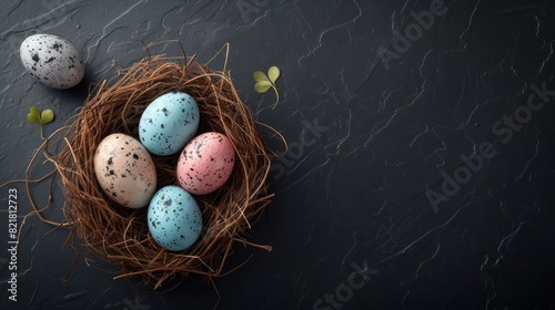 Colorful Easter eggs in a nest on a dark background. photo