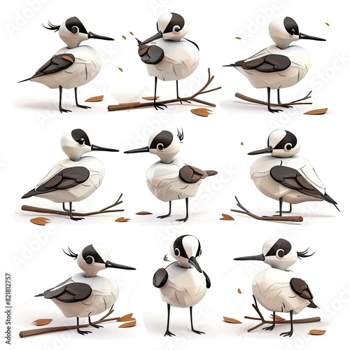 Little Avocet bird Cute character multiple posses and expression children's book illustration style photo