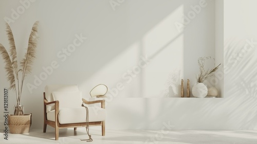 Living room interior have armchair and decor accessories with white color wall.