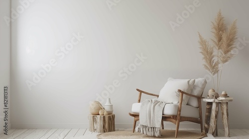 Living room interior have armchair and decor accessories with white color wall.