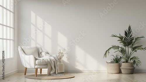 Living room interior have armchair and decor accessories with white color wall.