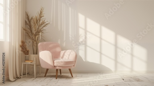 Living room interior have armchair and decor accessories with white color wall.