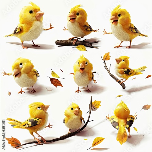 Little Gold Finch Bird Cute character multiple posses and expression children's book illustration style