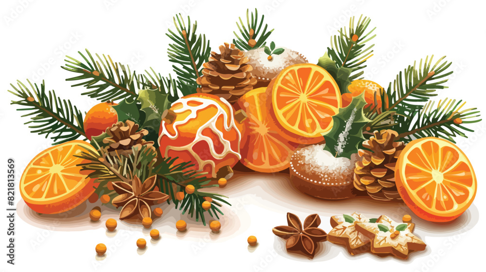 Tasty oranges with pine cones and sweet Christmas coo