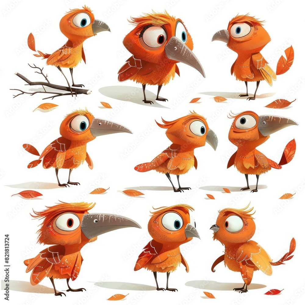 Little Greater Coucal Bird Cute character multiple posses and expression children's book illustration style