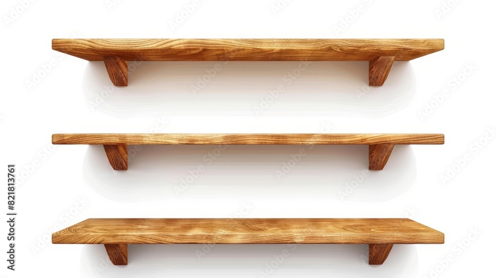 Set of 3D wooden shelves isolated on white background, interior design ...