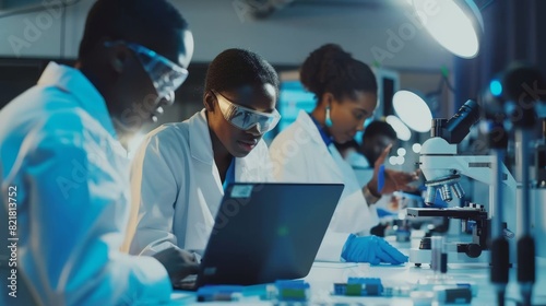 Two project managers discuss manufacturing using laptop computers, while a female specialist examines the circuit with a microscope.