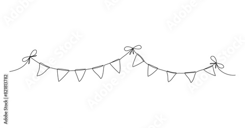 One line flags garland with bow. Celebration party hand drawn elements. Vector continuous outline isolated illustration