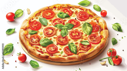 Tasty pizza Margarita with tomatoes and basil on white