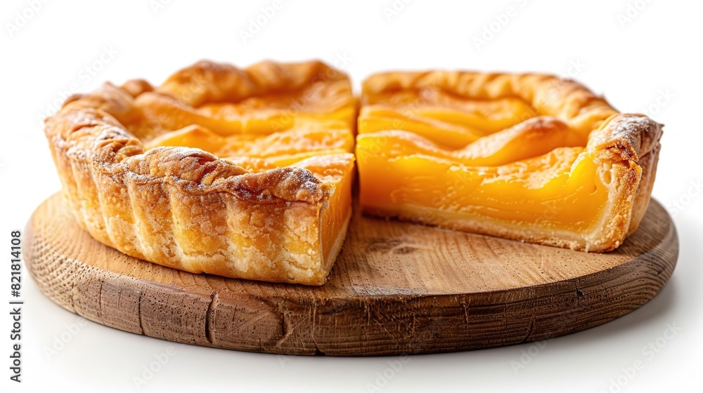 A delicious homemade peach pie sits on a wooden cutting board. The pie has a golden crust. The peaches are juicy and sweet. The pie is perfect for a summer dessert. A delicious homemade peach pie sits on a wooden cutting board. The pie has a golden crust. The peaches are juicy and sweet. The pie is perfect for a summer dessert.