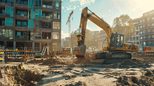 The construction site where a new apartment block is being built is hot and sunny. Workers are operating heavy machinery to complete the project. photo