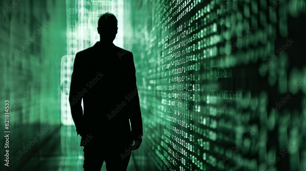 A silhouette of a man standing in front of a digital background filled with green binary code, representing technology and cybersecurity. A silhouette of a man standing in front of a digital background filled with green binary code, representing technology and cybersecurity.
