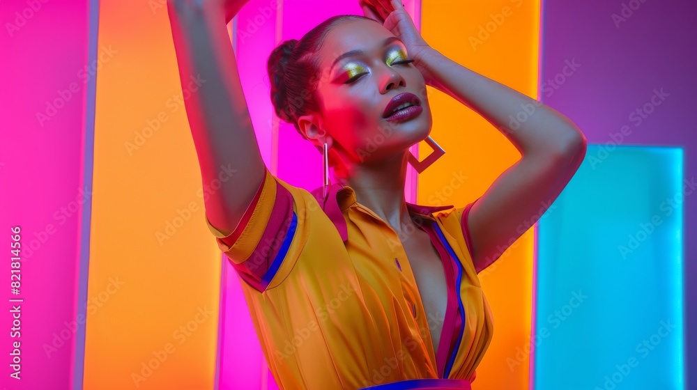 Obraz premium Beautiful Woman Dancing Energetically in a Colorful Abstract Environment. Young Female Performing Modern Dance Choreography in the Studio.