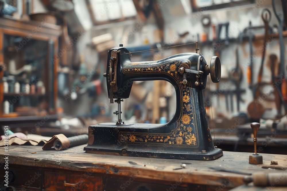 Fototapeta premium Vintage sewing machine in a rustic workshop