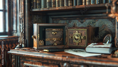 Victorian gentlemans study with a hidden safe revealing family heirlooms