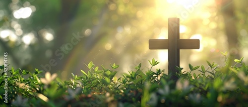A serene wooden cross in lush greenery with sunlight streaming through the trees, evoking peace, faith, and spirituality. photo