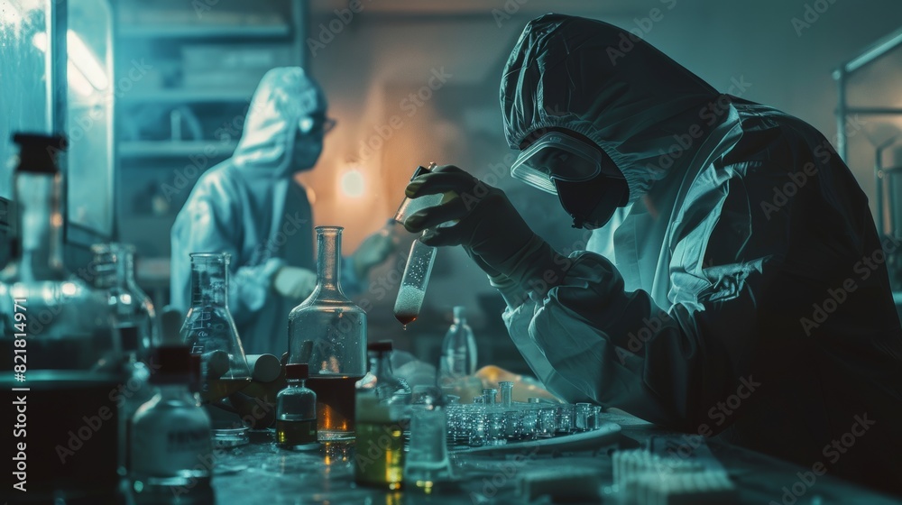 One chemist holds a beaker of chemicals and checks the consistency. They cook drugs in the abandoned building. One chemist holds a beaker of chemicals and checks the consistency. They cook drugs in the abandoned building.