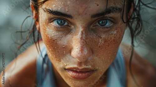 The image shows a close-up of a beautiful athletic woman looking into the camera. The woman has worked out intensely and is tired after the session.
