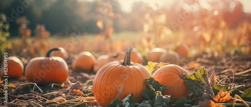 A serene pumpkin patch bathed in soft autumn light, showcasing ripe pumpkins on the ground amidst green vines and colorful foliage.