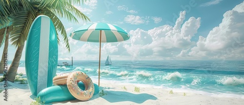 Scenic tropical beach with surfboards, umbrella, and lifebuoy. Waves crashing onto the shore under a sunny sky with scattered clouds.