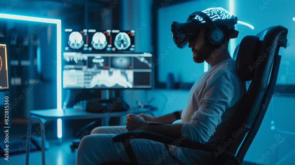 As a scientist adjusts the brainwave scanner, a man wears a headset for scanning brainwaves. Monitors show an EEG reading and a brain model in the modern brain study laboratory. As a scientist adjusts the brainwave scanner, a man wears a headset for scanning brainwaves. Monitors show an EEG reading and a brain model in the modern brain study laboratory.