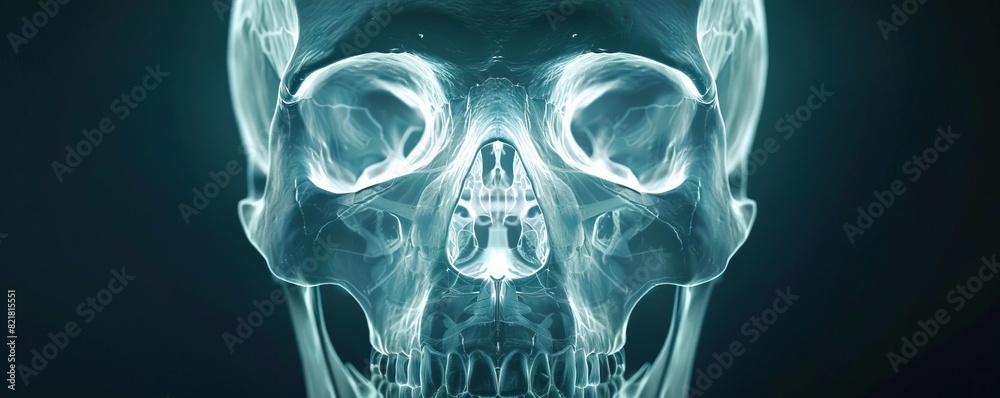 A comprehensive Xray of a human skull, highlighting intricate cranial details on a dark background, emphasizing the skeletal anatomy A comprehensive Xray of a human skull, highlighting intricate cranial details on a dark background, emphasizing the skeletal anatomy